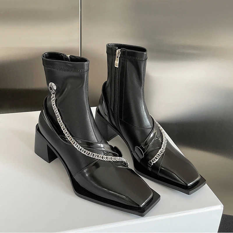 Designer Vintage Boots Wen Thick High Square Toe Zipper Autumn Winter Ladies Slim Short Booties Z250304