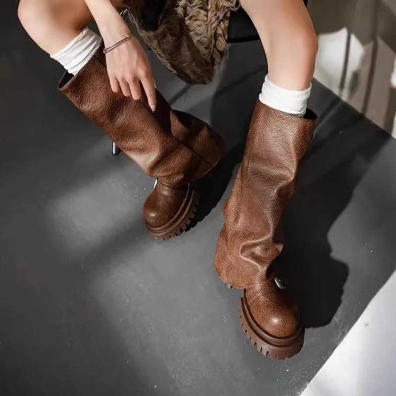 Platform Chunky Wen High Boots Fad Buckle Leather Mid H Shoes 2025 Trend Designer Knee High Mortorcycle Winter Botas Mujer Z250304