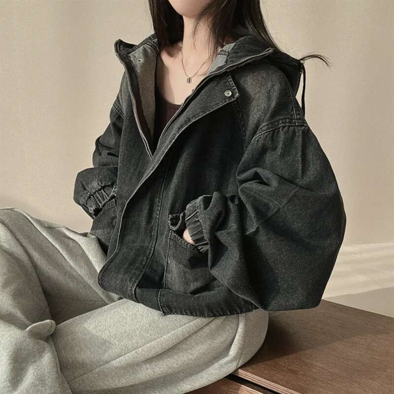 Fashion Drawstring Hooded Denim Jacket Women's Loose Zipper Long Sleeves Casual Black Jackets New Tide