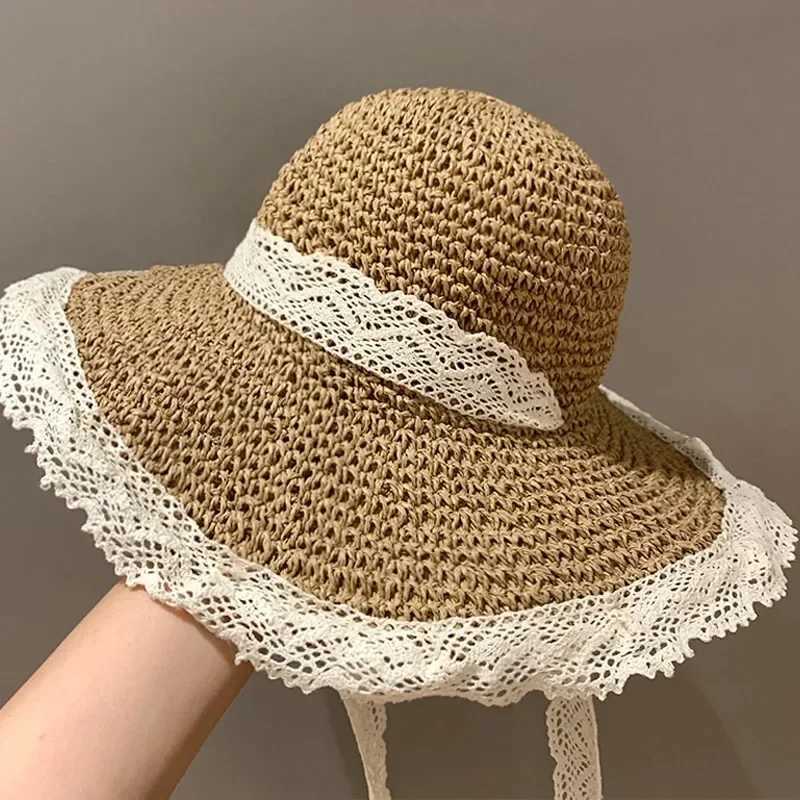 Y2K Korean Girls Sun Hat Lace Hollow Grass Knitted Hat Womens Summer Outing Sun C Beach Sunscreen Hat Sweet Fishermans CXJ250304