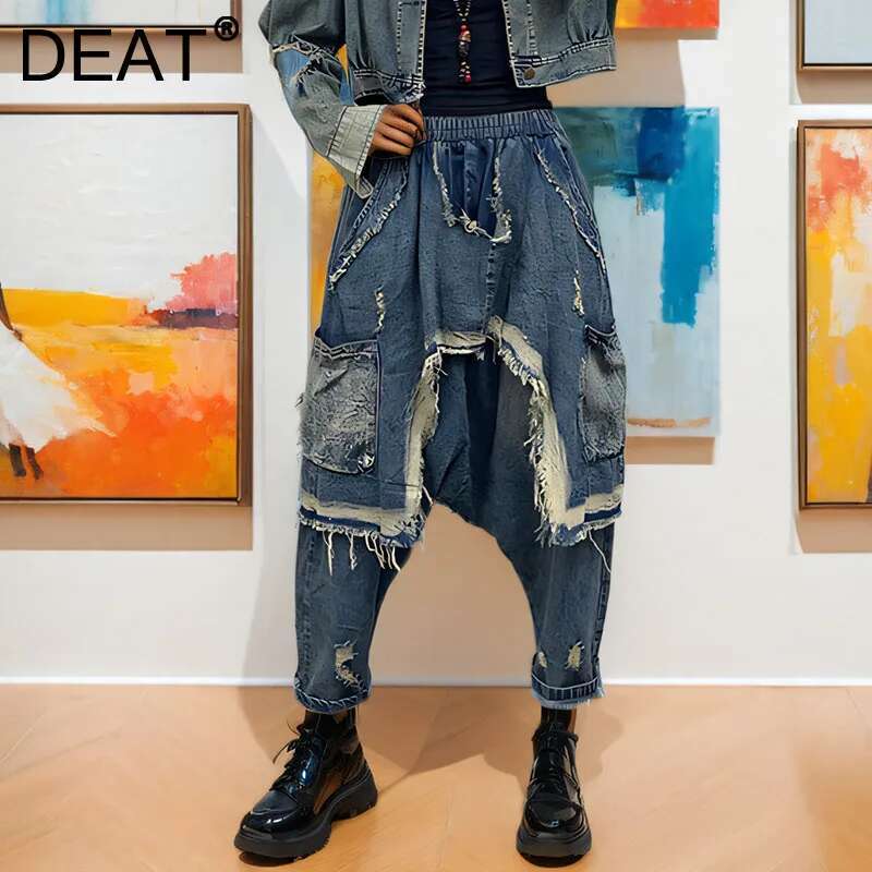 DEAT Street Hip-Hop Jeans For Women 2024 Autumn New Collection Elastic Waisted Loose Denim Pants Female Trendy 11A01055
