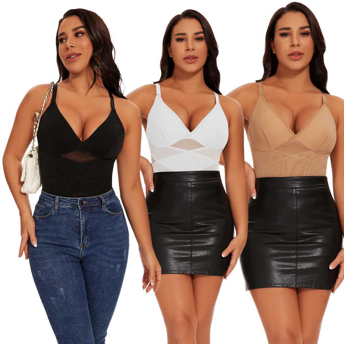 Women Built in bra Shapewear V-Neck Camisole Belly Cross Shaping Tummy Control Body Shaper Tops Underwear Compression CorsetXJ250304