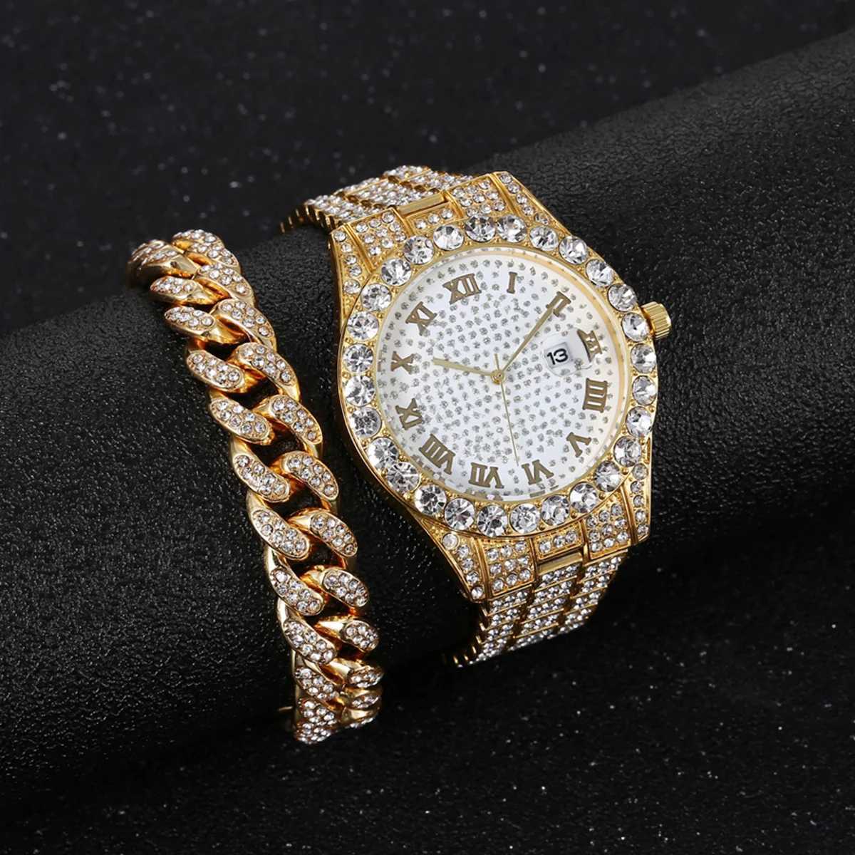 2pcs/set Rhinestone Large Dial Steel Str Quartz Zinc Alloy And Cuban Link Style Bracelet Set(1 +1 Bracelet)XJ250304