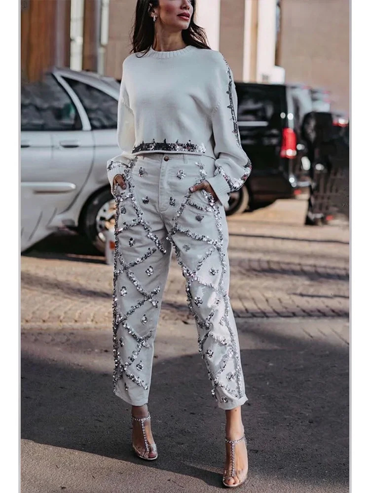 Sequin Decor Straight Leg Denim Jeans for Women High Wait Elegant Casual Pockets Vintage Diamond Denim Pencil Pants Trousers 250228