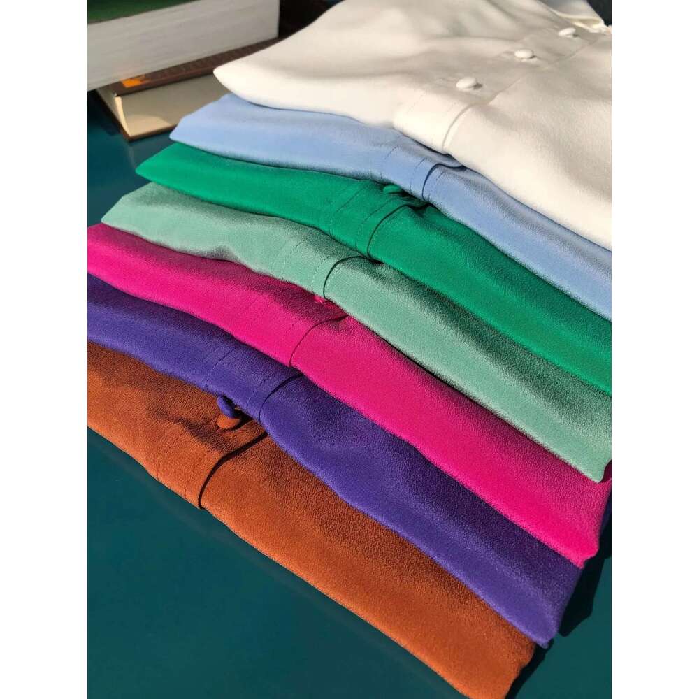 Spring Summer Women Single Breasted Silk Shirt Top Turn-Down Collar Female Casual Long Sleeve Blouse Tops