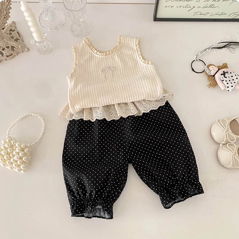 Summer Dot Print Pants for Girls Lace Patchwork Baby Childrens Shorts Versatile Matching Vest Thin Coat Kids Clothing 250304