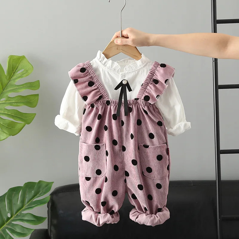 Kids Baby Girl Clothes Outfits Sets Polka Dot Overalls Shirt 2pcs Suit for Girls Baby Birthday Clothing Sets 250304