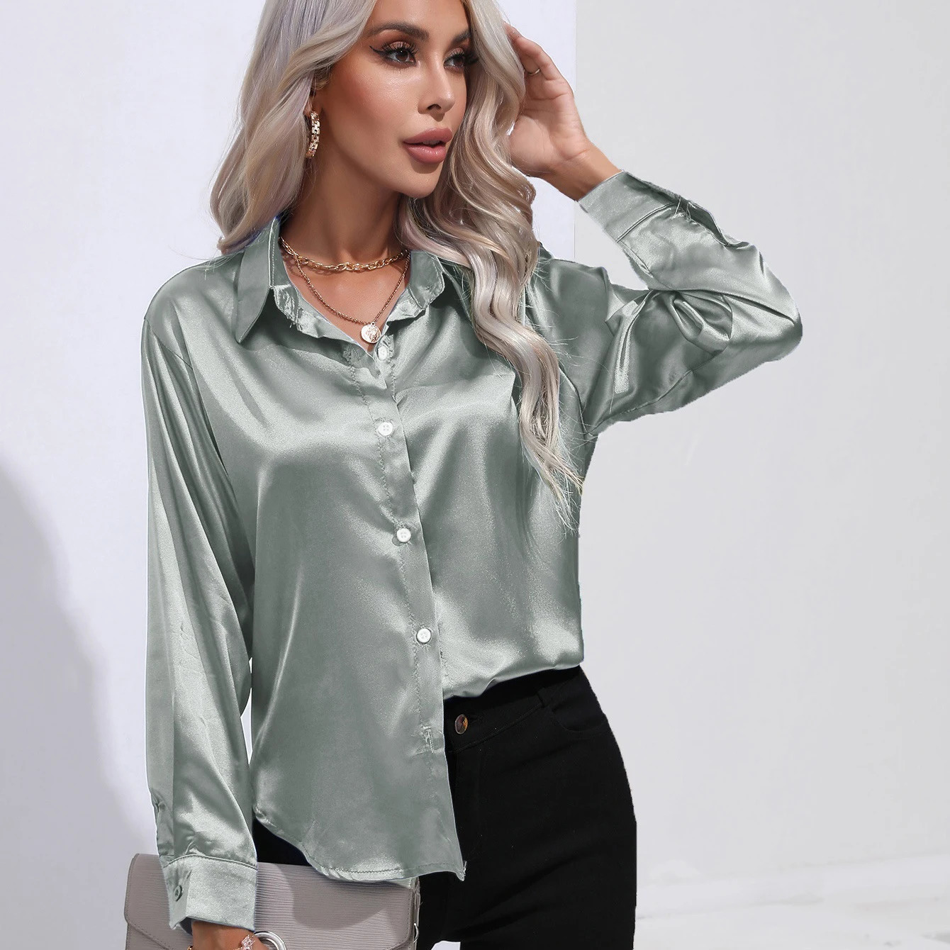 Autumn Casual Womens Blouses Elegant Satin Multicolor Basic Slim Shirt Solid Vintage Trend Ball Dance Party Shirt All-Match Top 250303