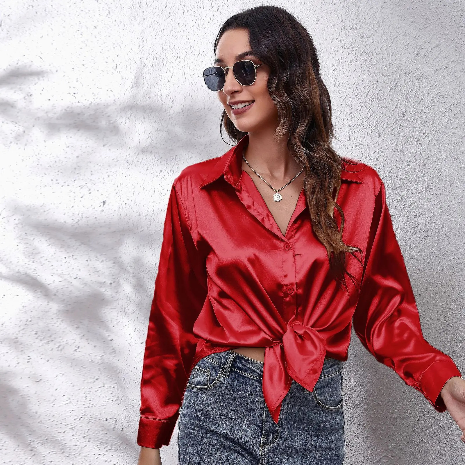 Autumn Women Solid Satin Shirt Long Sleeve Silk Loose Button Up Blouse Shirt Ladies Tops Fashion Clothing 250303