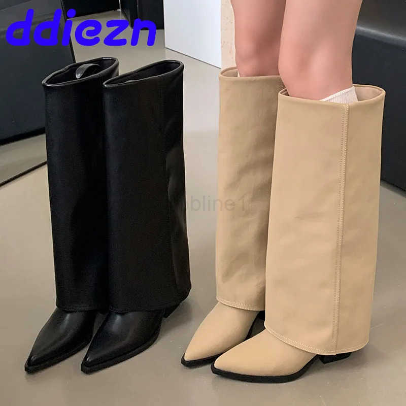New Fem Slip On Footwear Fion Denim Wen Knee High Boots Pointed Toe Ladies Modern Long Booties With H Pumps Shoes Z250304