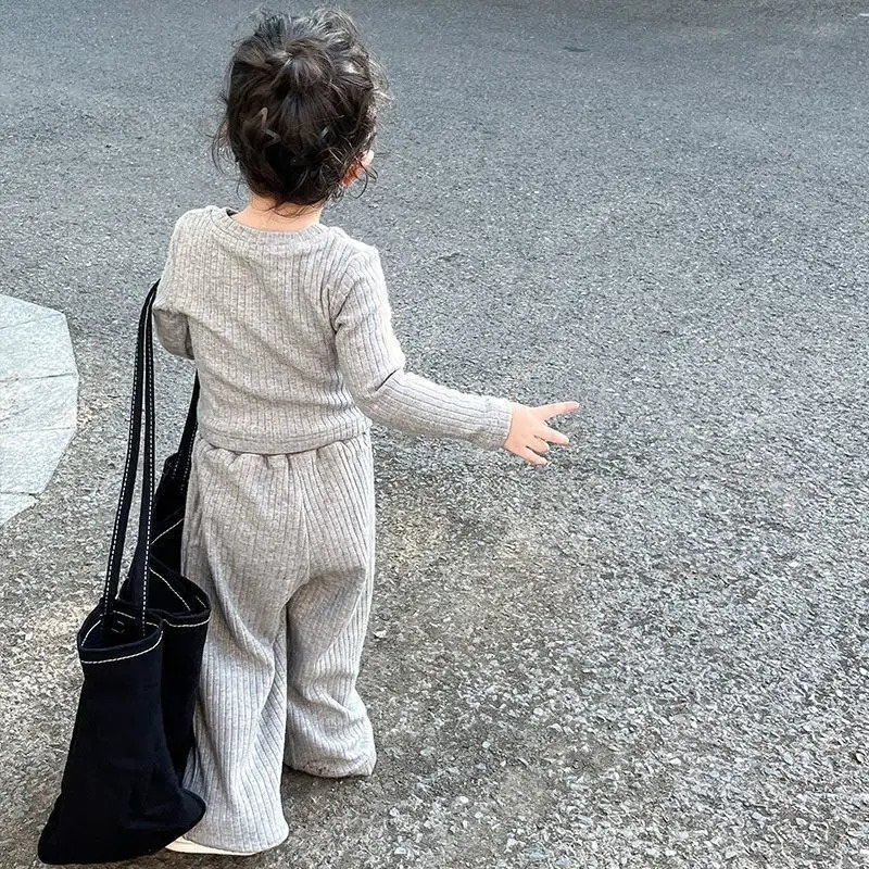 Baby Fashion Set Children Round Neck Long-Sleeved Top Solid Color Pant Suit Spring Autumn Thin Girls Casual Sports 2Pcs 2-8Y 250304