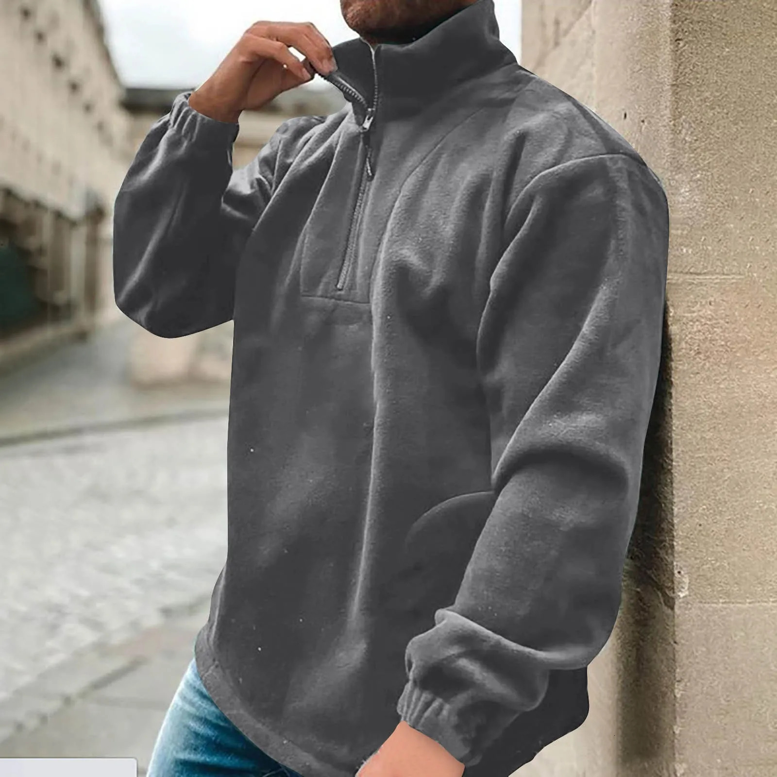 Mens Fleece Hoodless With Half Zip Solid Color Long Sleeved Sweatshirts Casual Cropped Tops For Selling Item 2024 250304
