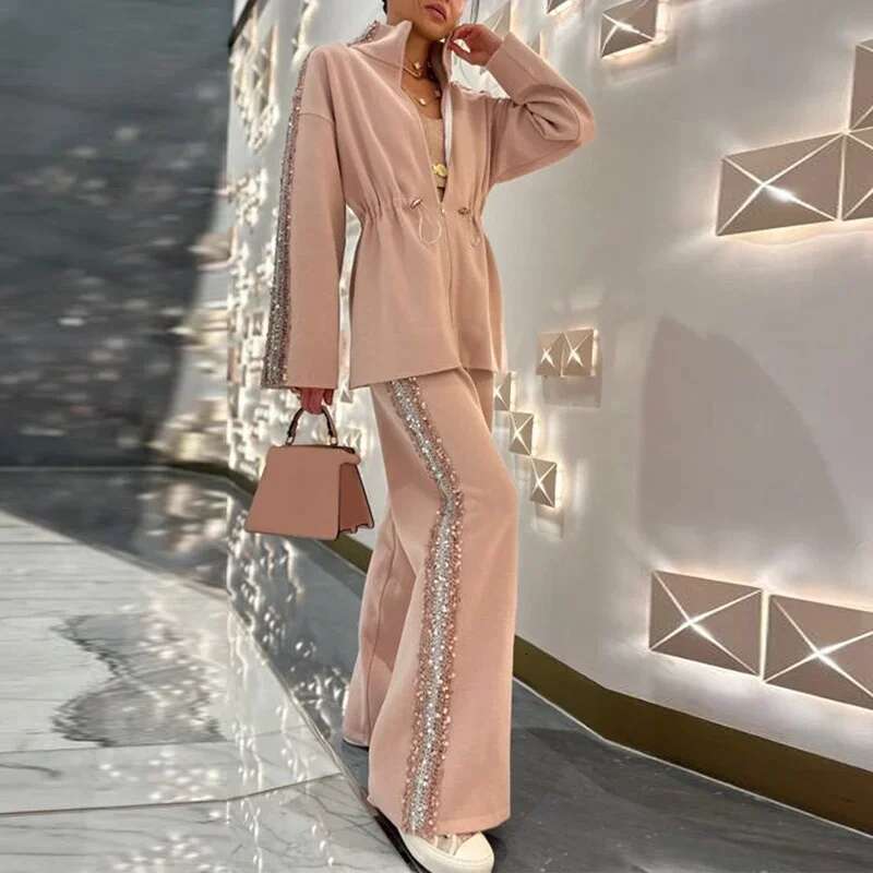 Vintage Sequin Solid Color Long Sleeved Drawstring Top & Wide Leg Pants Suit 2025 New Elegant Shiny Lady Chic Office Autumn Set