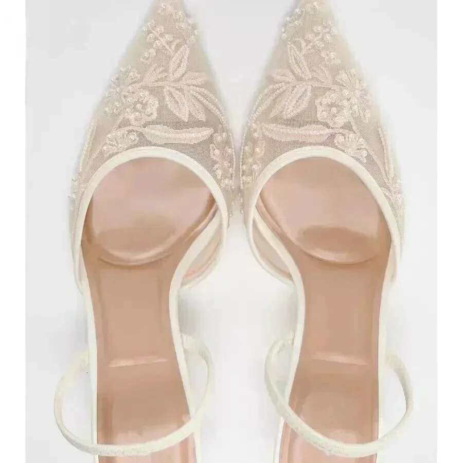 Embroidered Elegant Mesh wers Designer Heeled Sandals Women 2025 Summer Sexy Sgback Pointed Toe Thin High Heels Dress Shoe