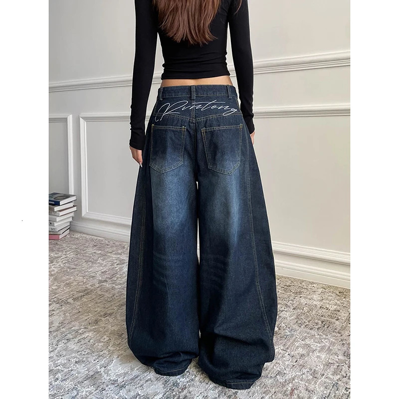 Blue Womens Retro Y2K 2000s Wide Leg Baggy Casual Denim Trouser High Waist Loose Jeans Autumn Harajuku Full Length Pants 250228