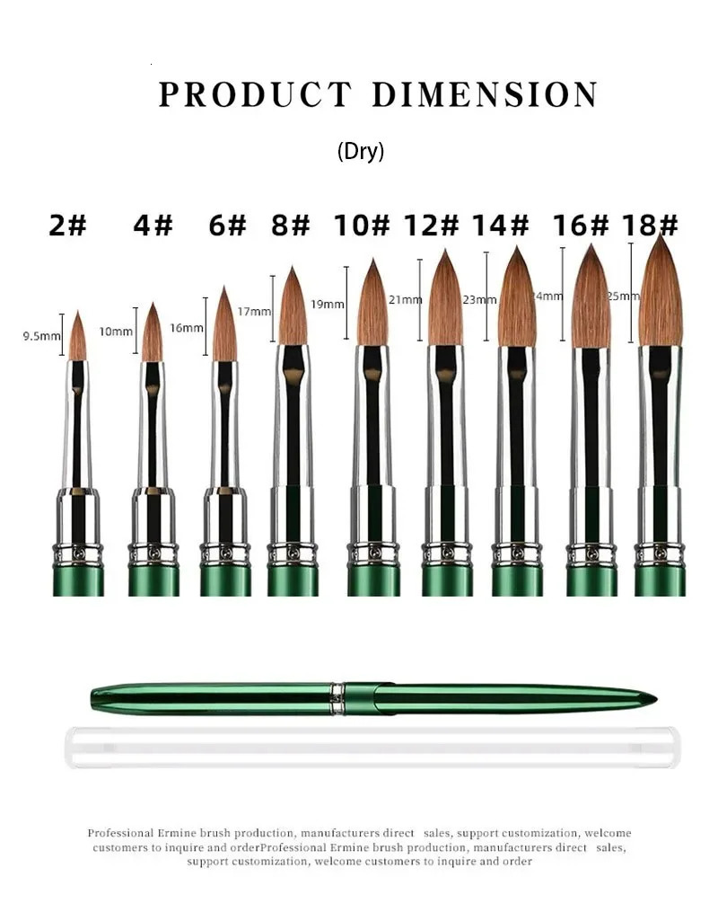 100% Kolinsky Acrylic Nail Brush 1Pcs Green Crimped Metal Handle Drawing Brush for Acrylic Powder Size 2-18 250304