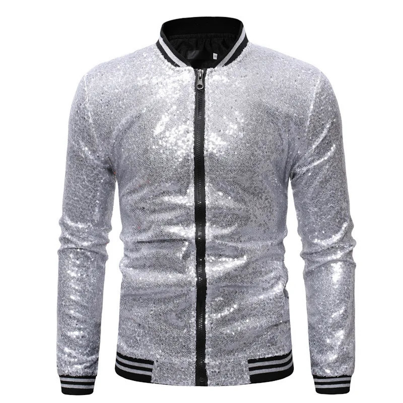 4124 Outerwear Streetwear Jacket Men Gold Silver Black Red Blue Shinny Sequined Dance Hip Hop Zipper Spring 250304