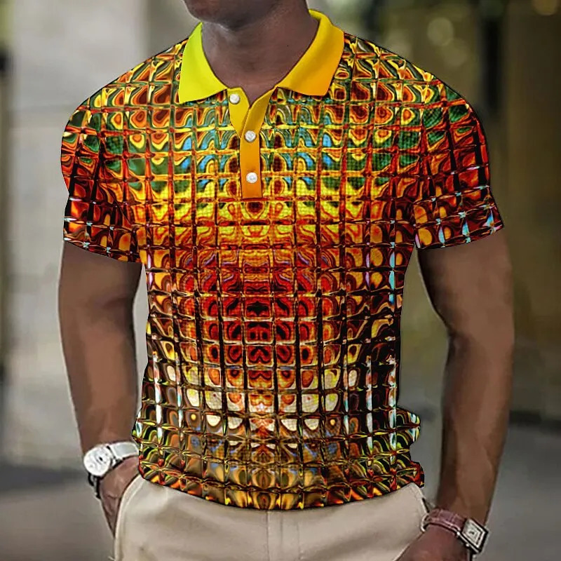 Fashion MenS Polo Shirts 3d Simulation Metal Plaid Printed MenS Clothing Summer Casual Short Sleeved Street er Tops Tees 250304