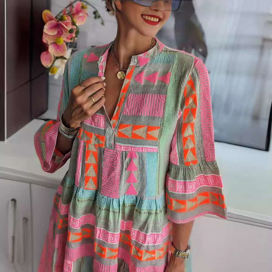 Women's European American autumn print V-neck seven quarter sleeve dress 2025 new style chic and elegant clothing