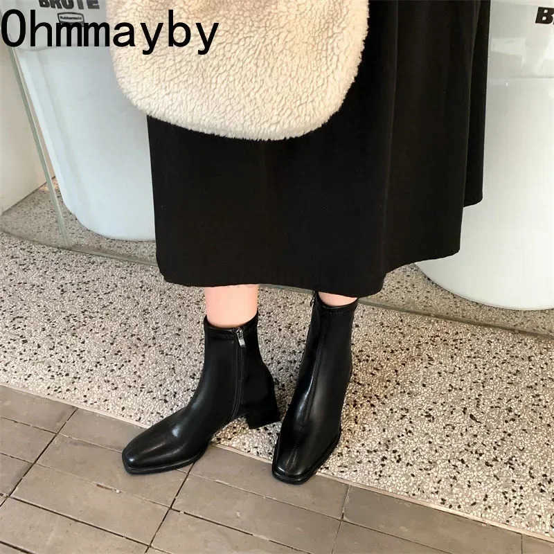 2025 Autumn Winter Design Heel Ankle Boot Fion Square Toe Zipper Ladies Casual Boots Shoes Soft Leather Short Boot Z250304