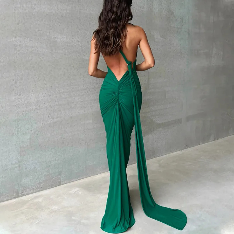 One Shoulder Backless Adjustable Scarf Loop Ruched Sexy Maxi Dress Women Elegant Y2K Streetwear Festival Outfit 250303 C260312