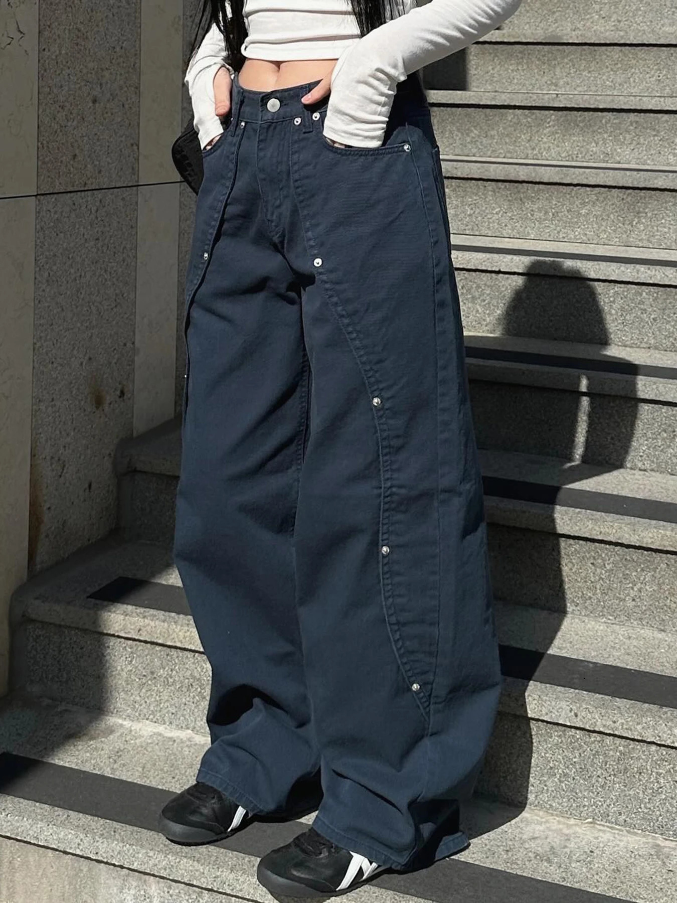IAMSURE Casual Loose Rivet Jeans Wide Leg Pants Basic LowWaisted Straight Pant 2025 Spring Autumn Streetwear Ladies 250227