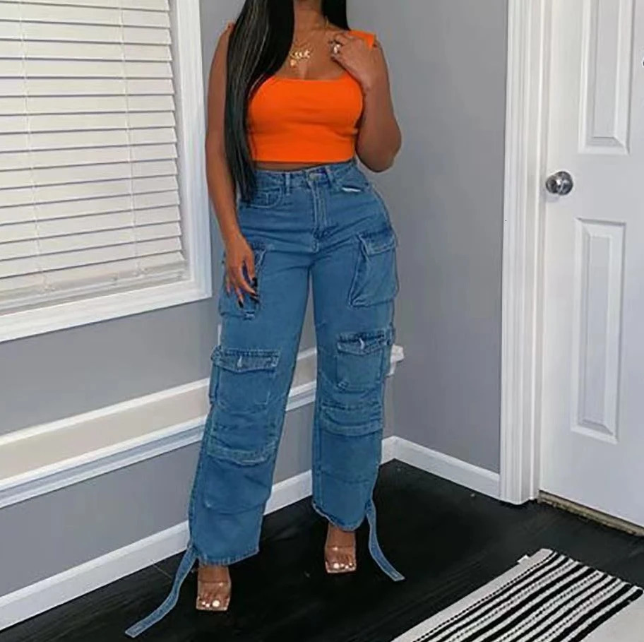 Womens Workwear Style Trousers 2025 Autumn Winter Latest Denim Trend Multi Pocket Plus Size Jeans Work High Waist Long Pants 250227