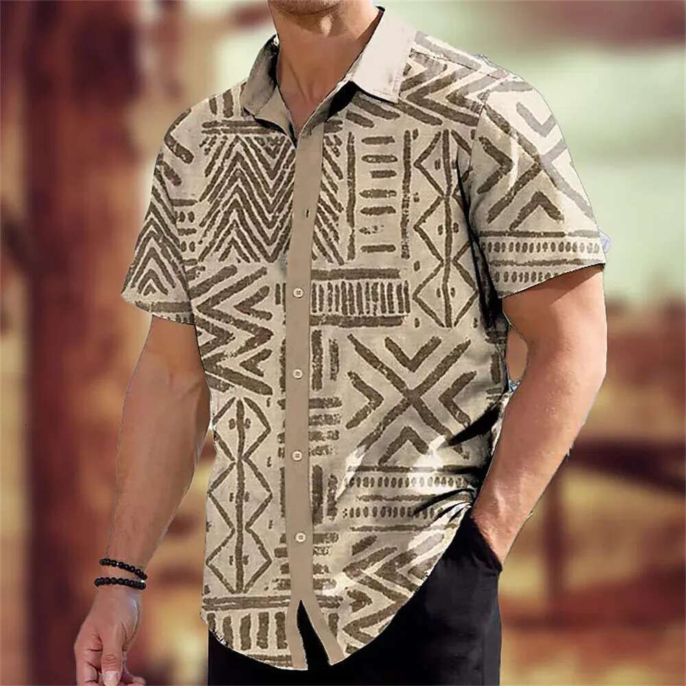 Style Summer New Designer Fashion Short Sleeved Shirt Personalized Retro Totem Print Men's Casual Street Trendy Clothing Oversized Top Beach Wear
