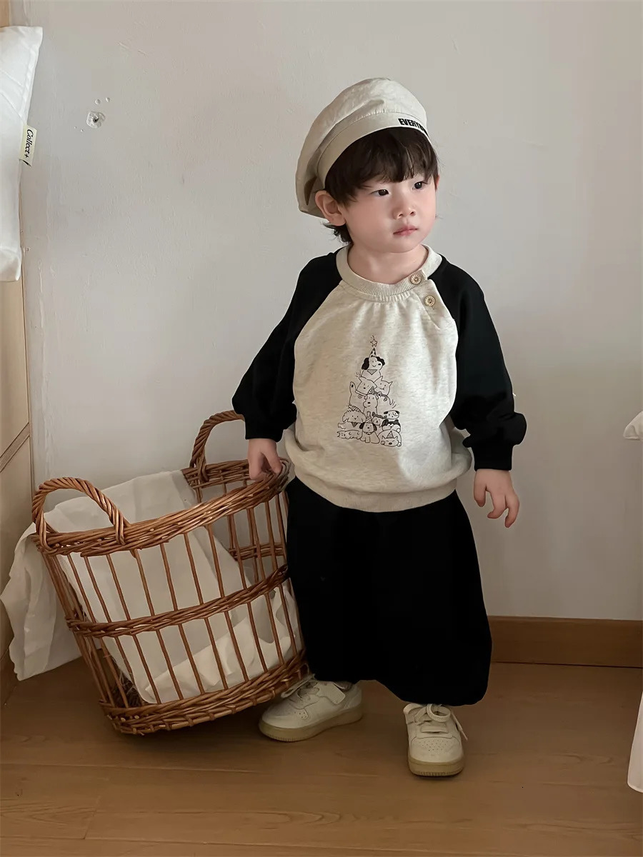 Spring Baby Long Sleeve Clothes Set Boys Cartoon Print Sweatshirt Loose Pants 2pcs Suit Infant Casual Sports Outfits 250304