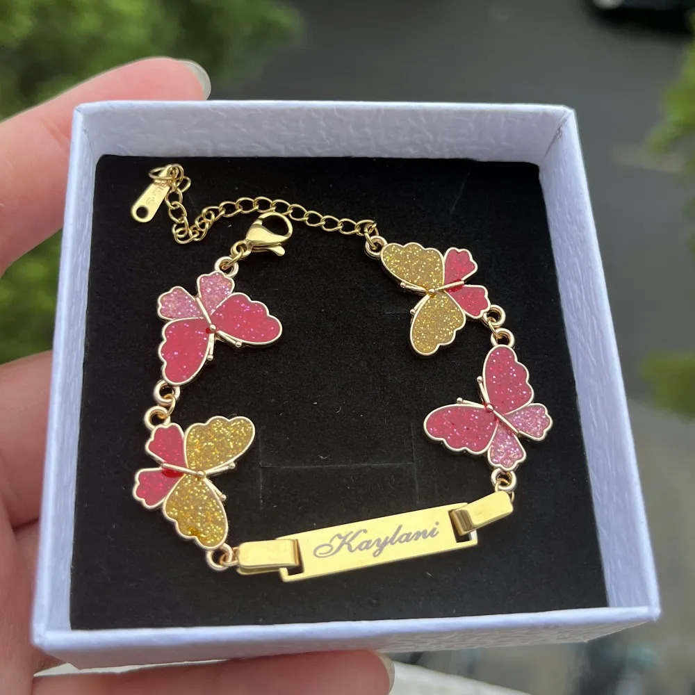 DUOYING Custom Name Bracelet With Butterfly Personalized Glitter Pink Charms Nameplate Letter Bangles For Kids Jewelry Gift 250304