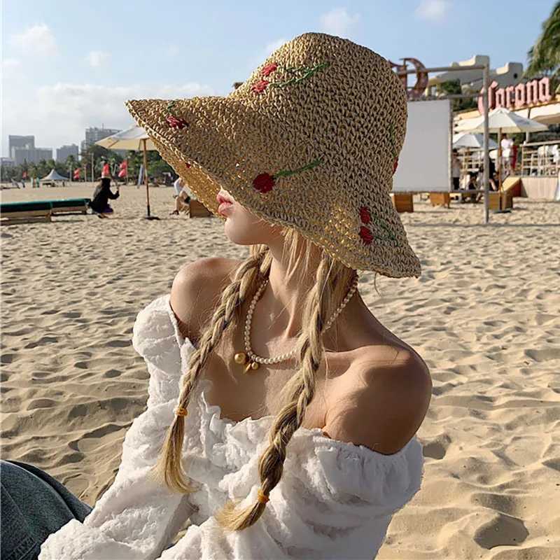 Summer Women Sun Hat Wide Brim Beach Str Hand Crochet Cherry Hat for Women Girl Outdoor Fishing Sun HatsXJ250304