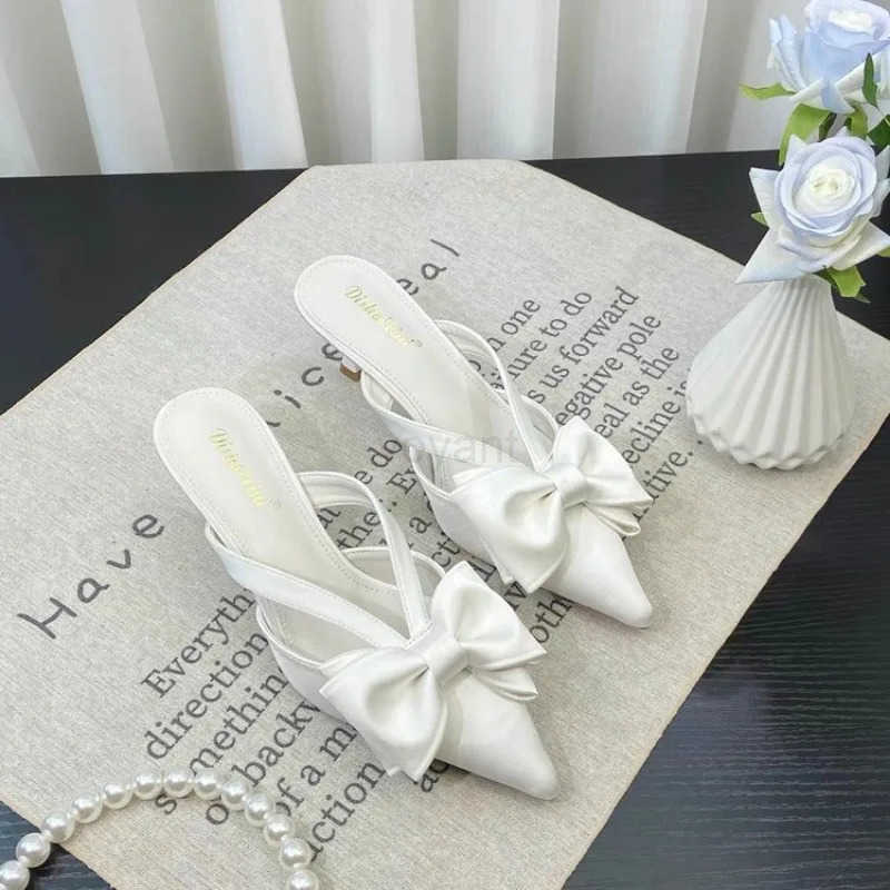 Fairy Style Cool Slippers for Wens Summer 2024 French Pointed Bow Hollow High H Half Wrapped Wens Slippers Z250304