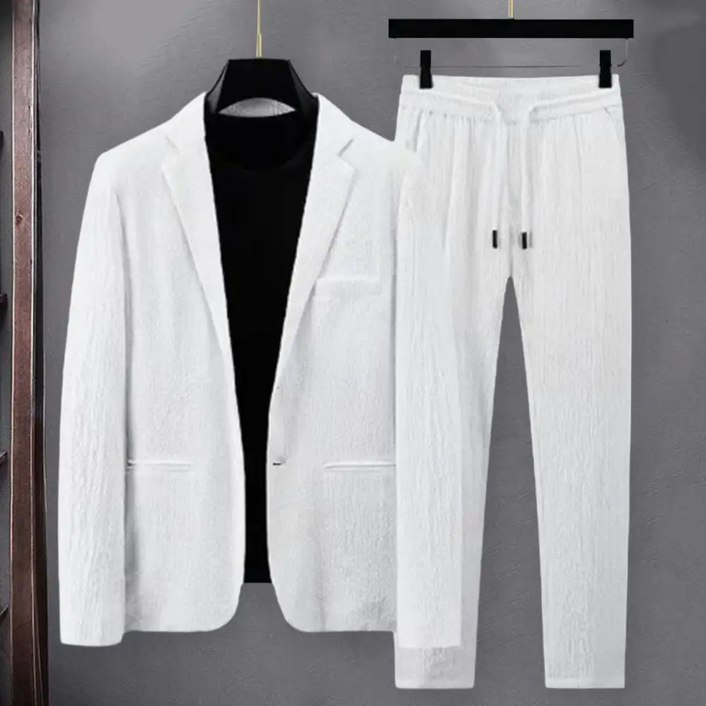 Men Two-piece Suit Striped Pleated Men Blazer Pants Set Pleated Drawstring Loose Lapel Pockets Thin Formal Business Men Set 250303