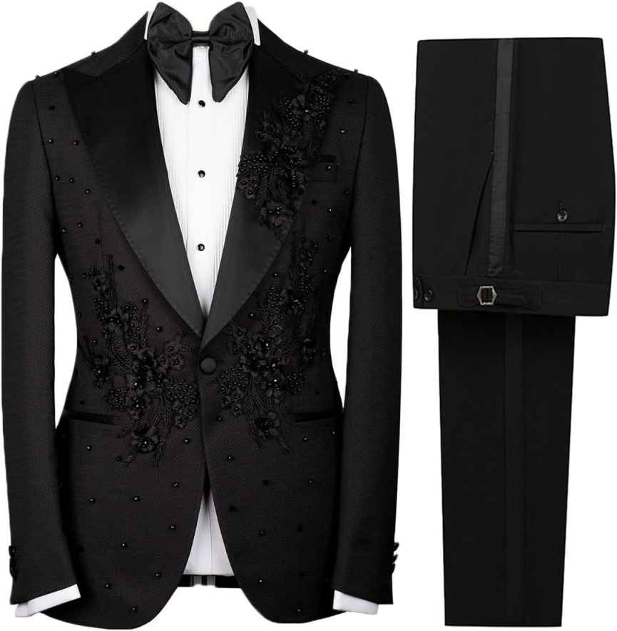 Fashion Wedding Tuxedos Appliques Beaded Men Suits Peaked Lapel 3 Piece Set Jacket Vest Pants Business Blazers Customized