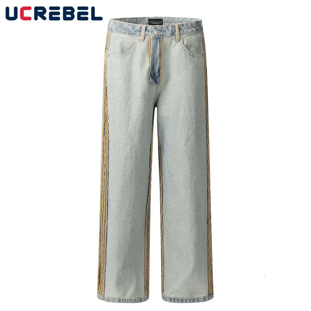 Side Stripe Washed Distressed Jeans Mens Spliced High Street Loose Straight Wide Leg Denim Pants Men Trousers