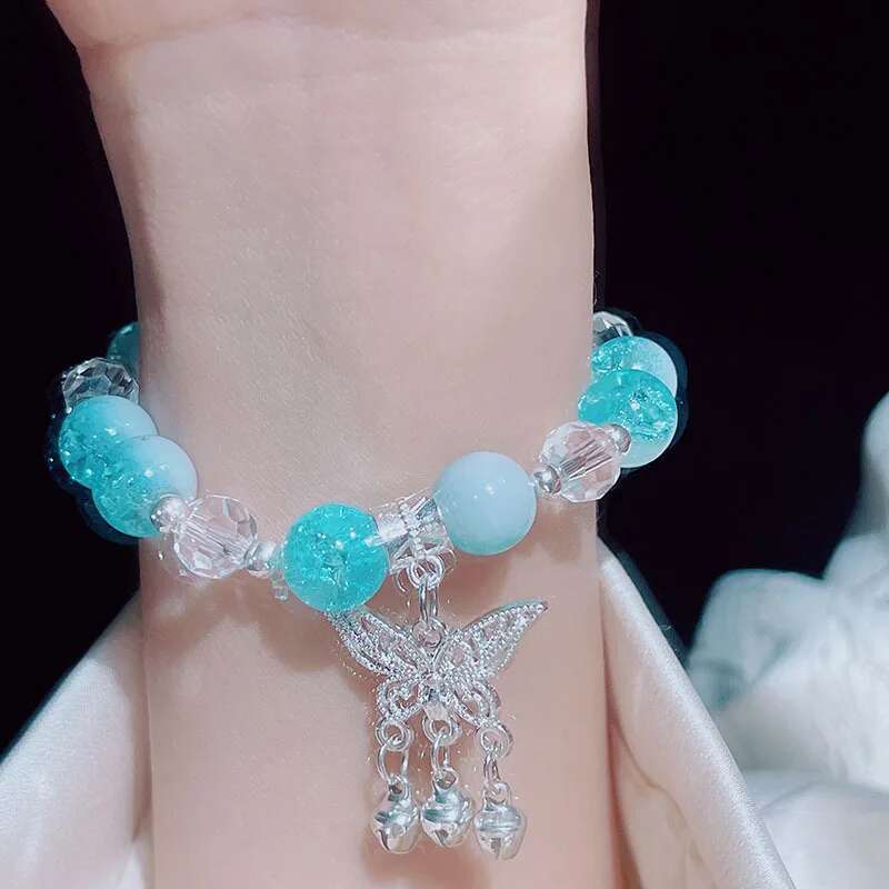 Lovely Women Hand Bracelets Butterfly Heart Bell Tassel Lock Ice Cracked Beaded Glass Beads Stretch Bangle Student Jewelry 1164