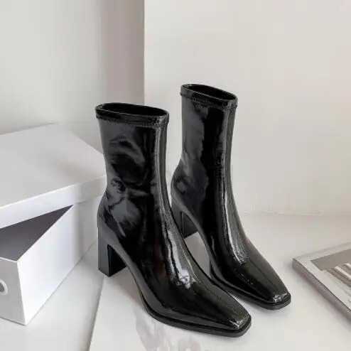 Leather elastic leather boots mid-tube short boots autumn /winter new thick-heeled high-heel patent leather white wen boots Z250304