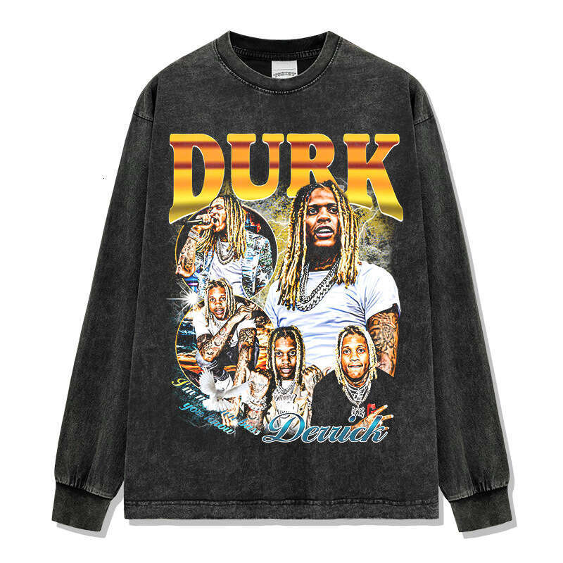 American Lil Durk printed washed T-shirt round neck long sleeved hooded sweatshirt for men