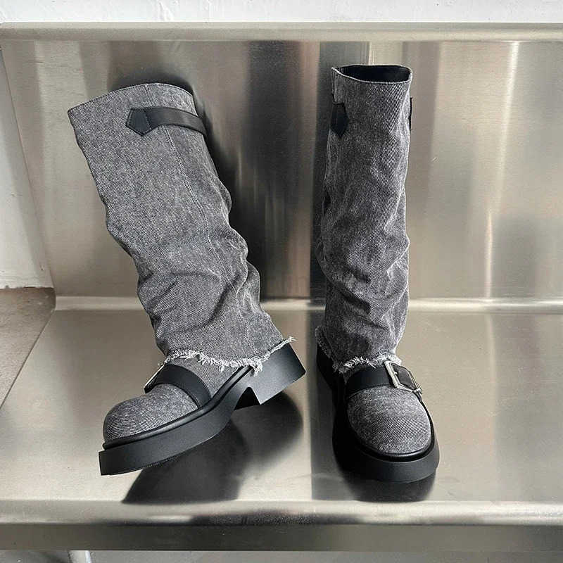 Mid-calf Square Heel Modern Boots Winter Denim Ladies Shoes 2024 High Quality Slip-on Mid Hee Round Toe Belt Buckle Boots Z250304