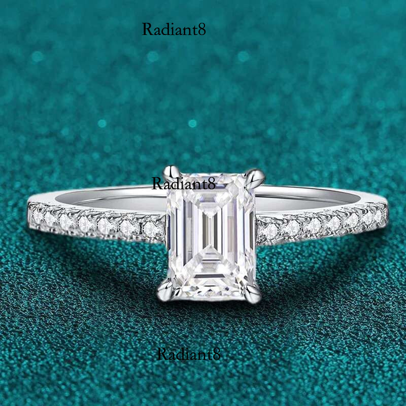 NeeTim1CT Moissanite Ring for Women Emerald Radiant Cut Dia Wedding Sier White Gold Plated Rings With GRA Certificate