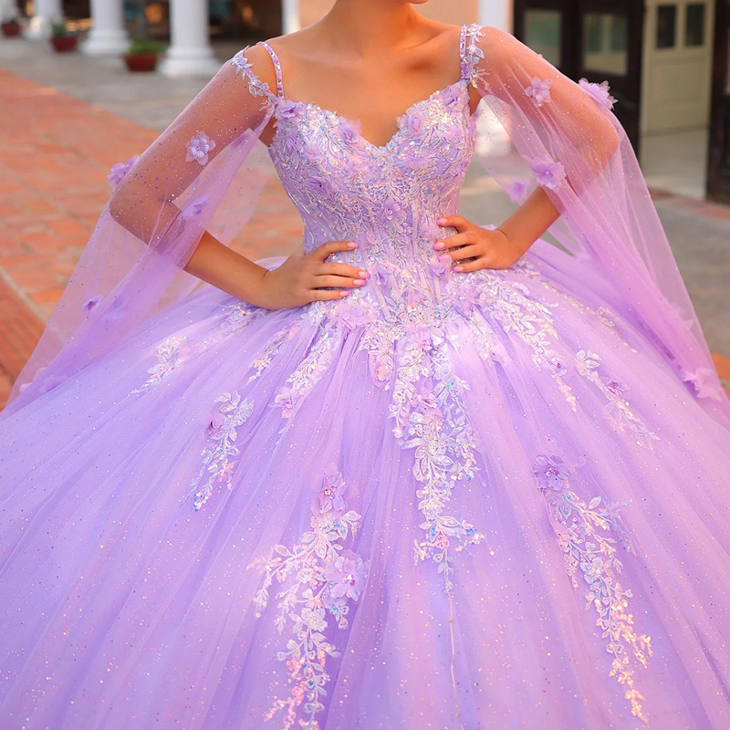 Light Lilac Shiny Quinceanera Dresses Ball Gown Off The Shoulder Applique Flower Beads Corset Tull Party Birthday Sweet 16 Vestidos 15 De Anos