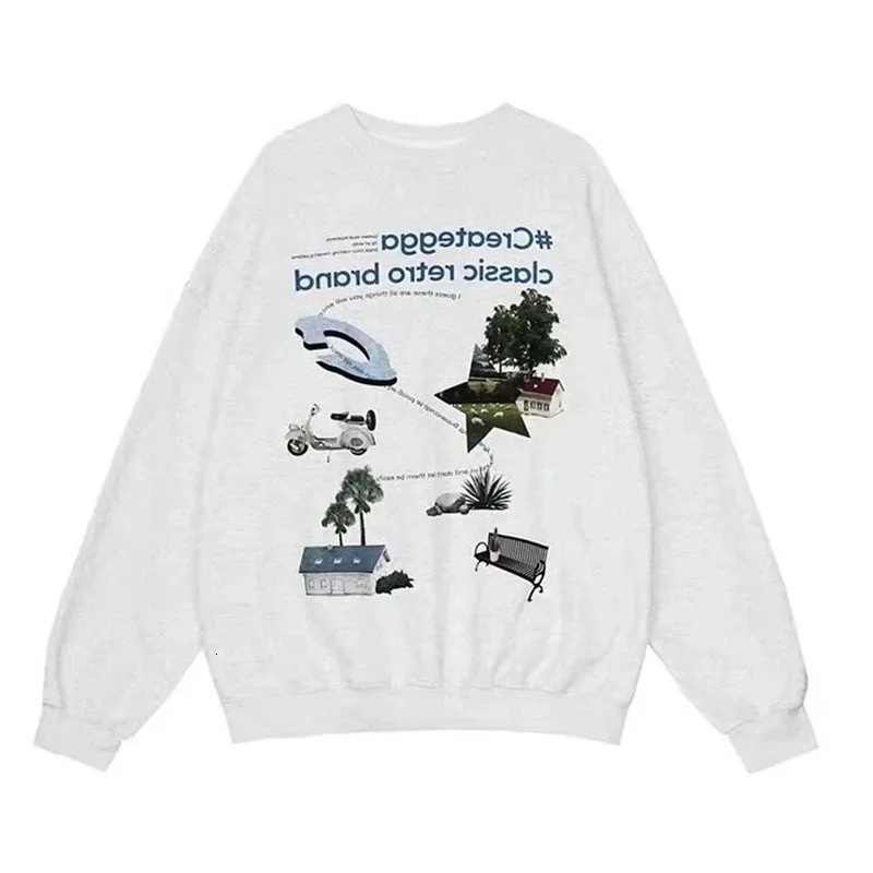 Autumn Y2K Vintage Grey Print Sweatshirts For Men 2024 Oversized Crewneck Pullover Hoodies High Street Sweaters 250304