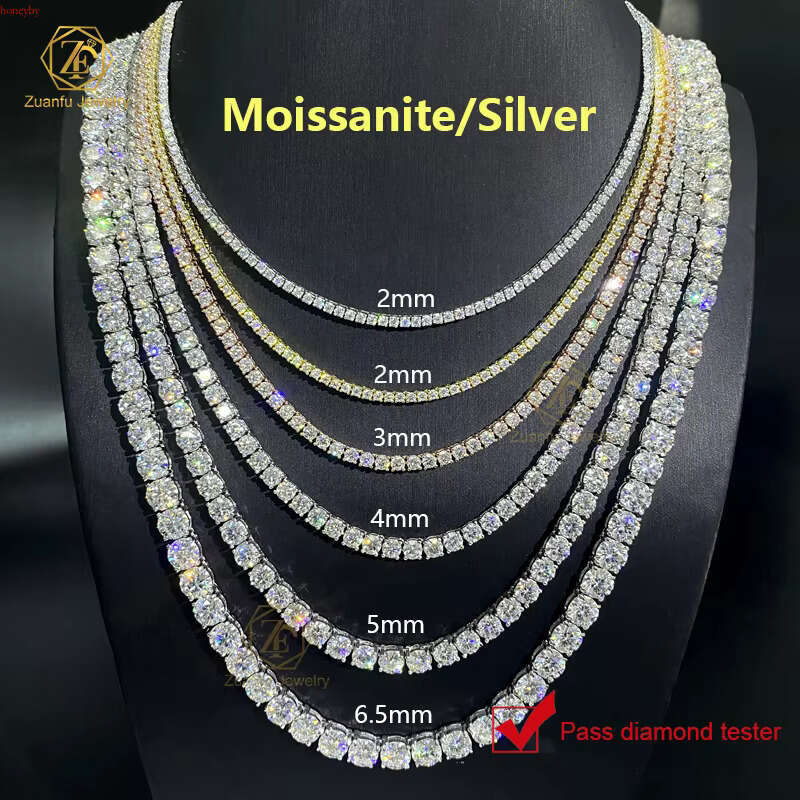 D VVS White Hip Hop Sterg Sier 2mm 3mm 4mm 5mm 6.5mm Iced Out Moissanite Tennis Chain Necklace for Men