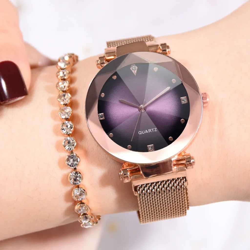 New Fashion Womens Mesh Magnet Buckle Starry Sky Leisure Luxury Womens Geometric Surface Quartz es Relogio FemininoXJ250304