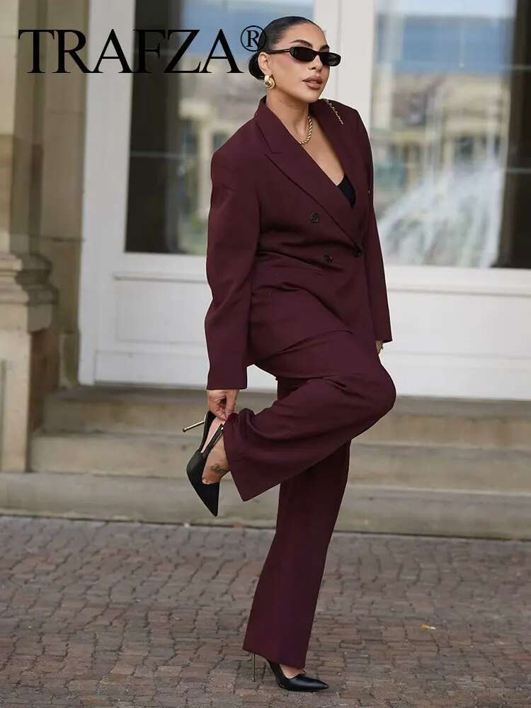 TRAFZA Women Vintage Wine Red Blazer Pant Suits Double Breasted Long Sleeve Coat Zipper Fly Straight Trousers Lady Office Sets