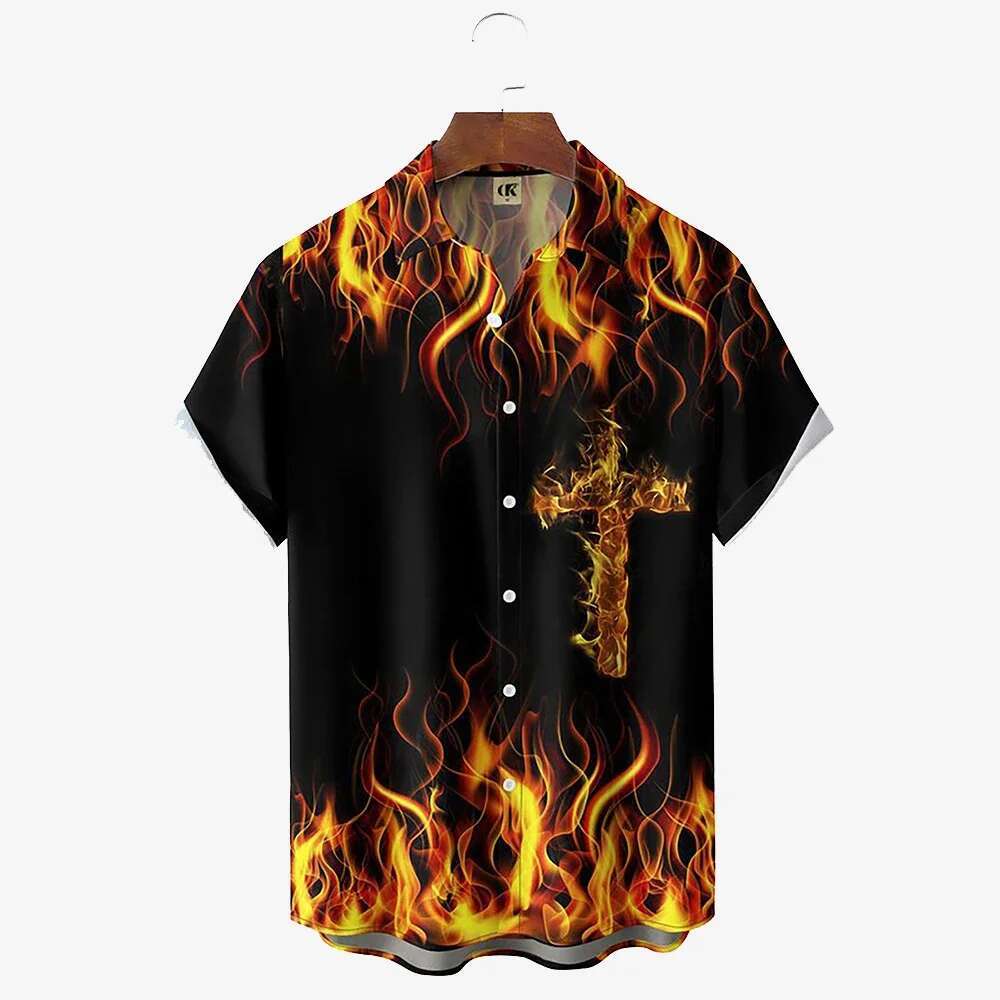 2025 Summer New Designer Printed Men's Flame Printed Hawaiian Casual Short Sleeve Top Fashion Beach Vacation Shirt Men's Summer Plus Size Cl