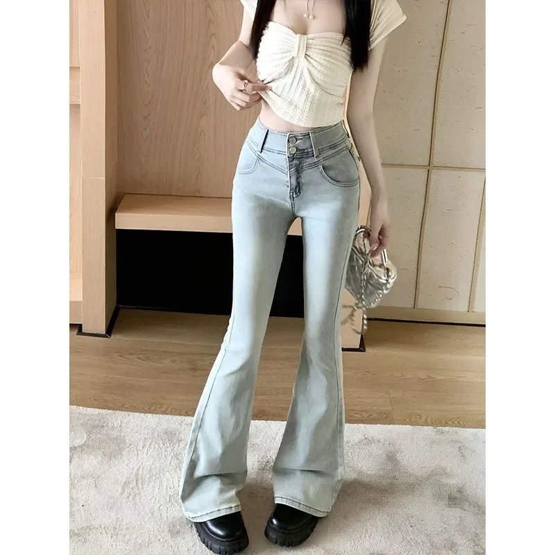 Spring Autumn Spicy Girl Bow Micro Flared Jeans petite high waist weight loss elastic horse leg straight Trouser 250227