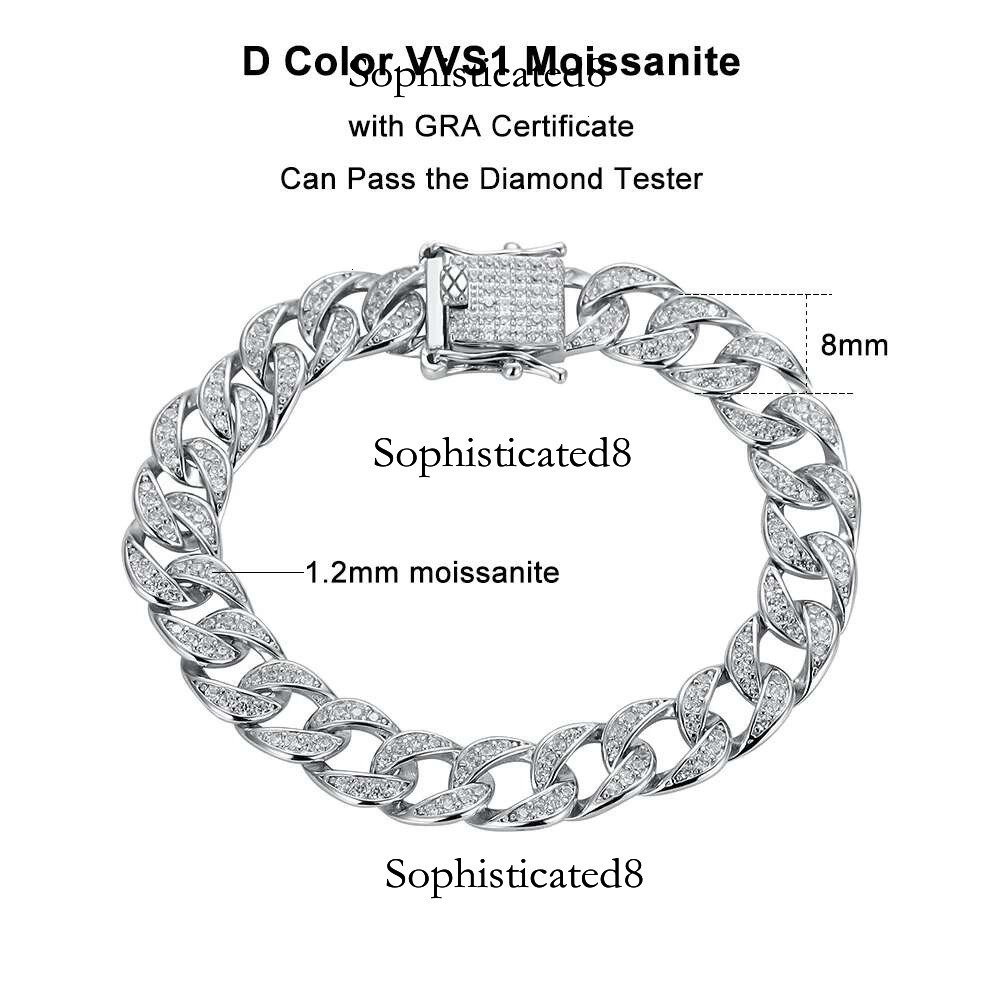 FEOBUR 8mm Full Moissanite Cuban k Bracelet for Man Women Sterg Sier Hip Hop Tennis Bracelets Party Jewelry GRA