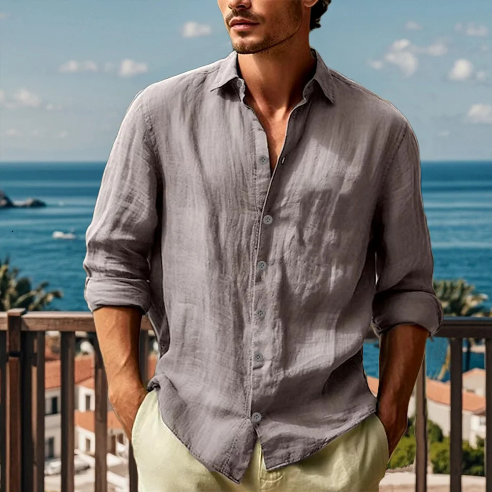 Mens Cotton Linen Solid Long Sleeve Shirt Turn Down Collar Hawaiian Lightweight Breathable Shirt Casual Male Cozy Streetwear 250227