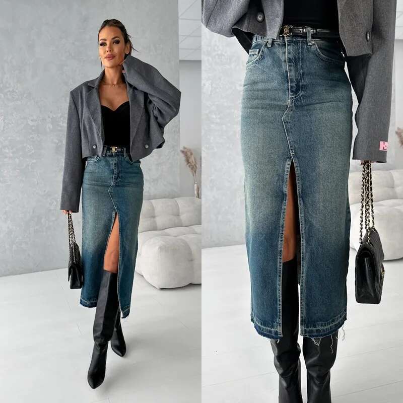 High Quality Women's Long Denim Casual Mid Waist Split Front Midi Jean Skirts With Pockets